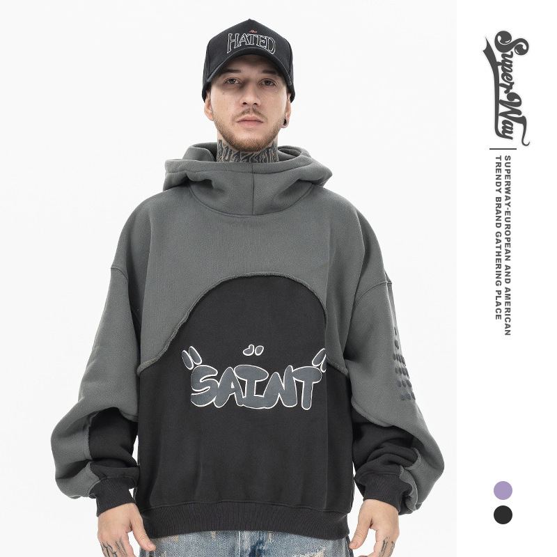 2025 Autumn And Winter New Trendy Brand Printed Color Block Drop Shoulder Hooded Sweatshirt For Men_voghion.com