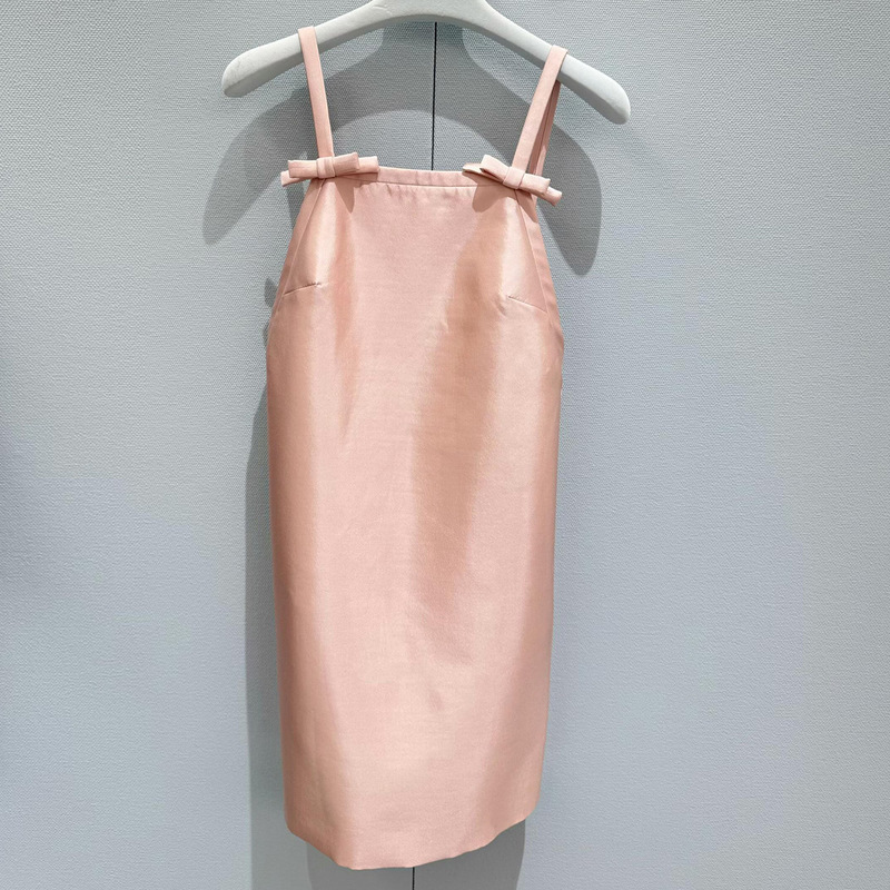Miu Layered Sleeveless Bow Suspender Skirt Micro-Label Letter Sexy Dress Ladylike Dress Spring and Summer