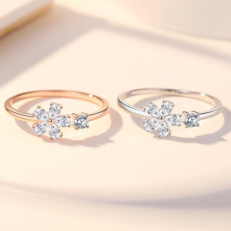 Estilo japonés y Coreano fresco 925 moda de plata llena de Diamantes flor de cerezo anillo de la flor nicho diseño floral anillo femenino al por mayor