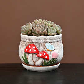 卡通红蘑菇浮雕多肉花盆复古做旧陶瓷盆桌面森系绿植装饰盆栽器