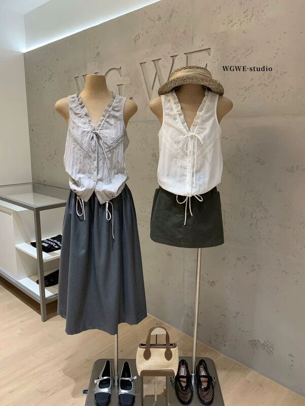 Korean-Style V-Neck Sleeveless Lace-Up Drawstring Top, Elegant Short Shirt