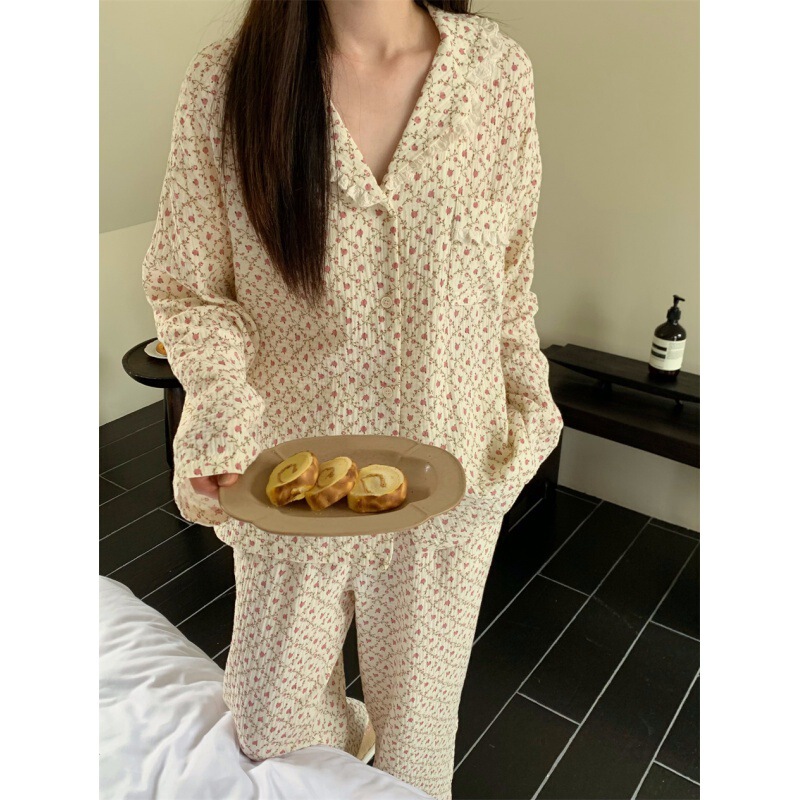 Cross-border exclusive for foreign trade wholesale new double-layer yarn retro floral lace loose home clothes pajamas suit girls Cross-border exclusive for foreign trade wholesale new double-layer yarn retro floral lace loose home clothes pajamas suit girls