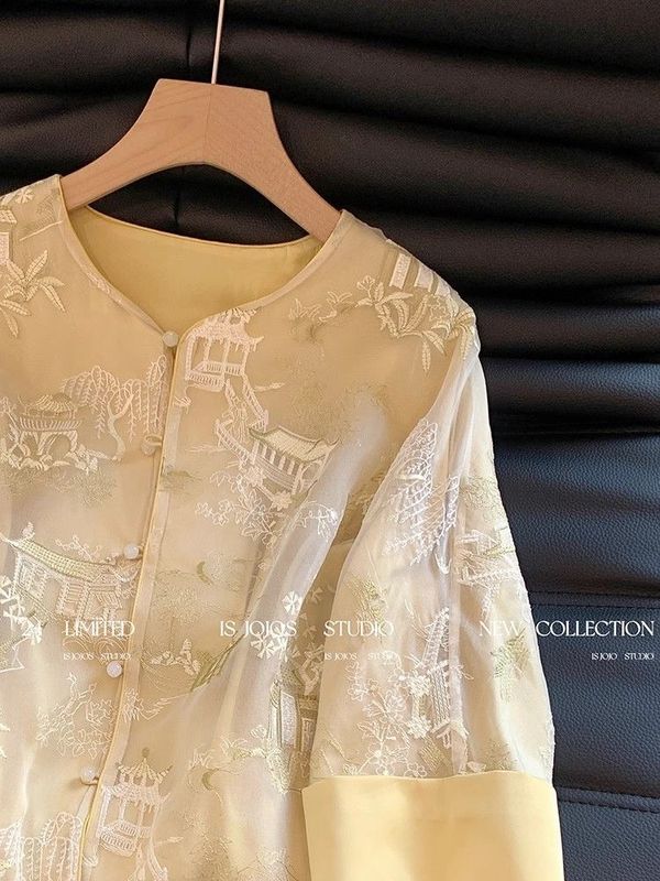 黄色新中国風刺繍シャツ女装2025春新国風禅意七分袖きれいなシャツ|undefined