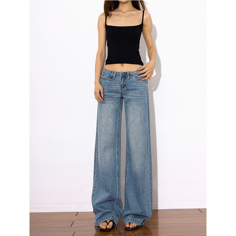 American-Style Ice Blue Tencel Low-Waist Straight-Leg Jeans for Women, 2026 Spring/Summer New Style, Drapey Slimming Wide-Leg Floor-Length Pants