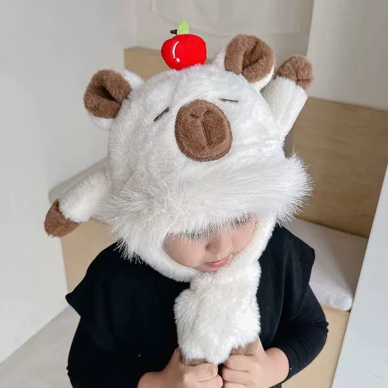 会动卡皮巴拉儿童帽子围巾一体冬季宝宝护耳毛绒帽男女童雷锋帽萌