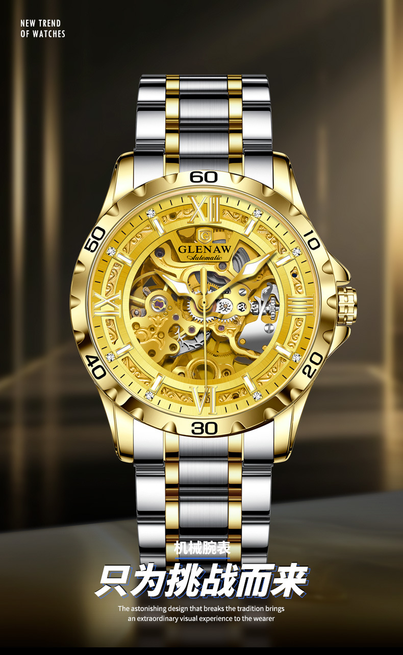 Đồng hồ nam thép không gỉ automatic lộ máy Glenn — Thắt lưng thép vàng 8718, Thắt lưng thép bạc 8718 chi tiết 1