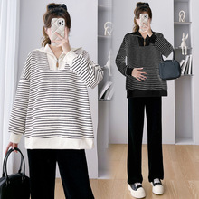 现货2024新款孕妇装加厚条纹拼接立领休闲简约套头孕妇卫衣上衣