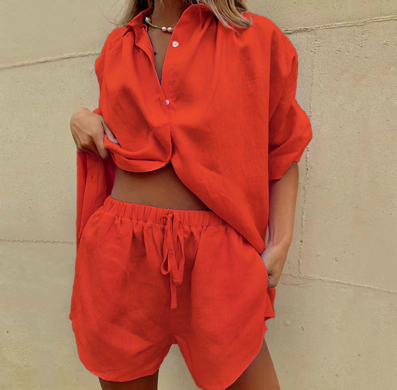 Women's Summer Casual 2-Piece Set: Solid Color Short Sleeve Shirt With Wide-Leg Pants & Tie-Waist Shorts_ecoleips.com