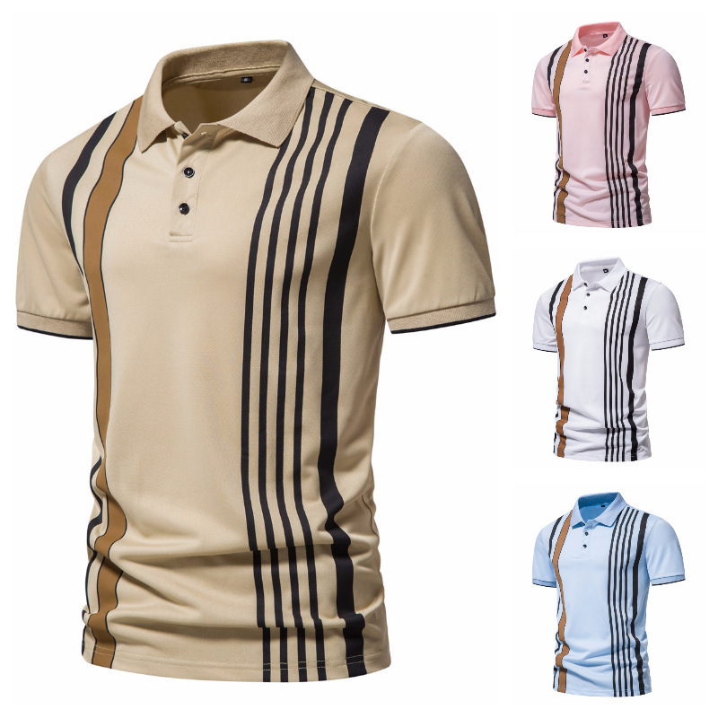 Summer British Style Men's Polo Shirt Striped Print plus Size Turn down Collar Short Sleeved Top Wholesale Export Available