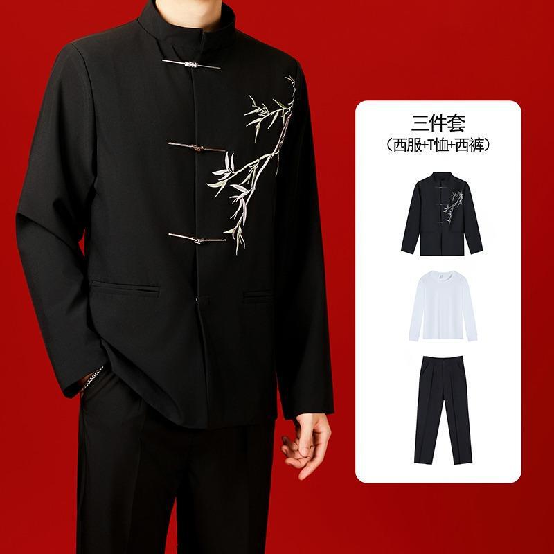 New Chinoiserie Men's Black Stand-Up Collar Blazer Chinoiserie Bamboo Embroider Zhongshan Binding Wedding Dress Suit