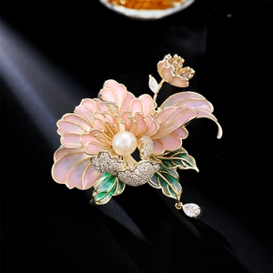 Guofeng Vintage Enamel Peony Flower Brooch Women's Natural Freshwater Pearl High-grade Fine Cheongsam Coat Pin Accessories
