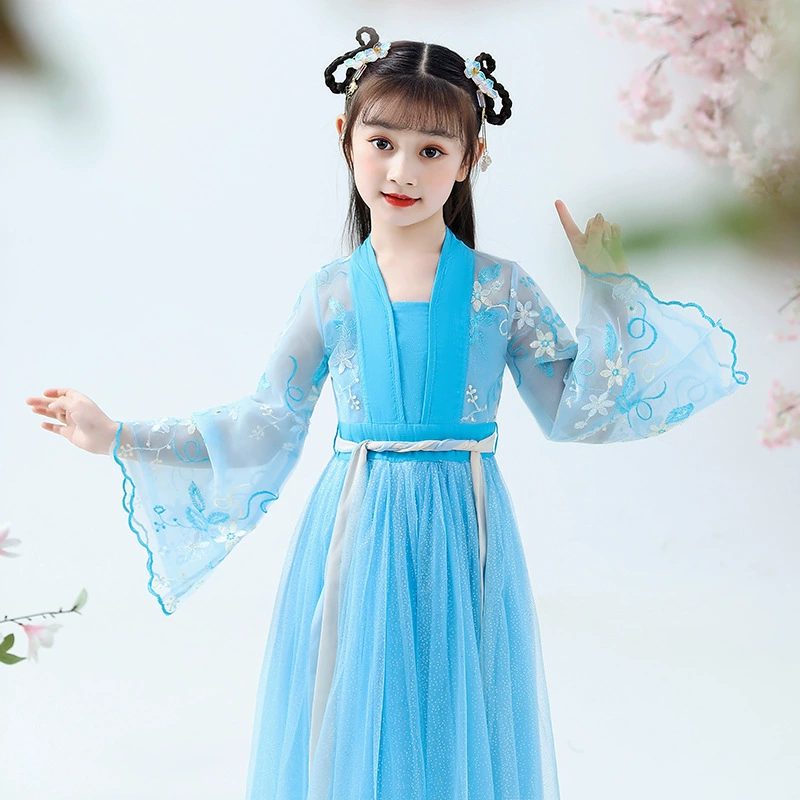 Spring Hanfu for princess, blue flower girl dress, Chinese style, western style