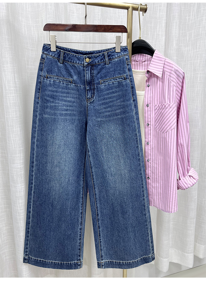 Quần ống loe nữ cạp cao dáng suông rộng chất liệu linen phối sợi tencel — xanh lam chi tiết 2