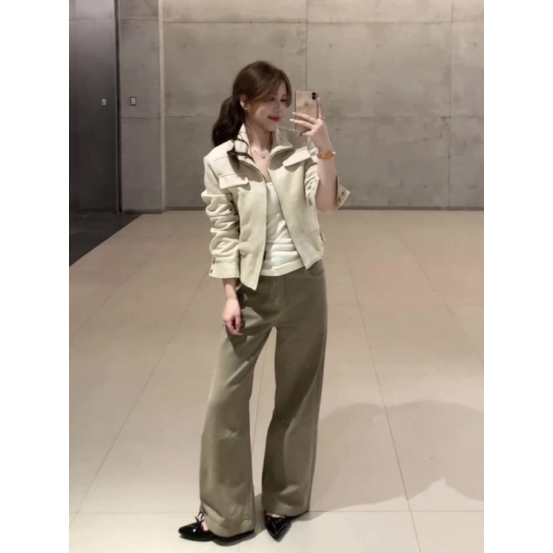 美式复古立领麂皮绒外套女春季新款韩版修身显瘦短款夹克上衣|undefined