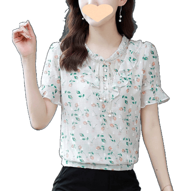 2025年新作夏の花柄シフォンシャツ、おしゃれで万能なママ向け半袖トップス、年齢を減らし、スリムでスタイリッシュなシャツ|undefined