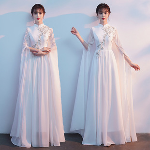 Choir performance dress white Chinese style guzheng performance dress long adult temperament classical style performance dress