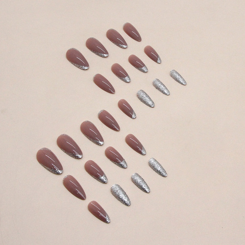 Almond nails sparkling French fake nails European and American fashionable sweet and cool finished products wholesale wearable manicure tablets