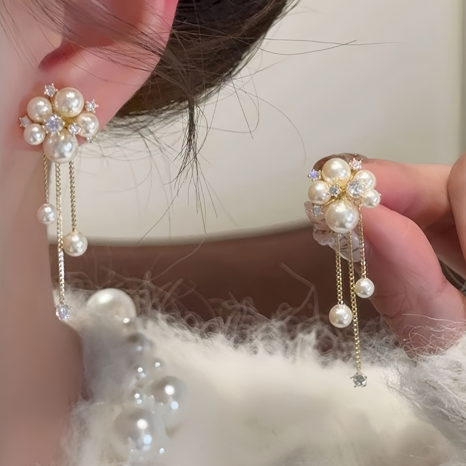 Retro long fashionable elegant women's universal earrings pearl