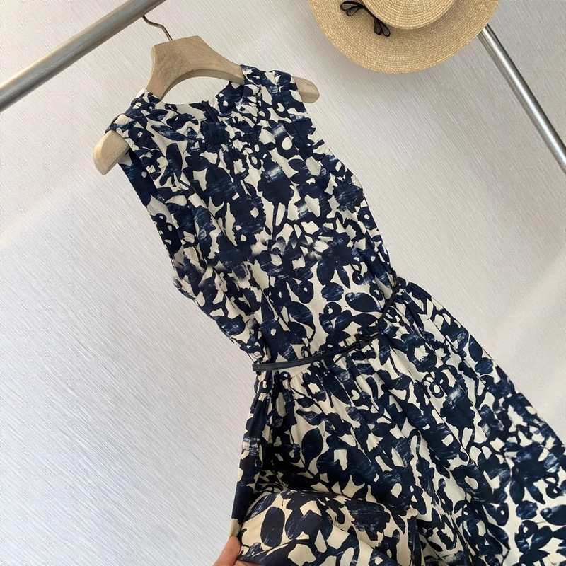 Highly Recommended!! Elegant and Graceful, M*X Belted Sleeveless Printed Cotton Poplin Waist-Cinching Dress