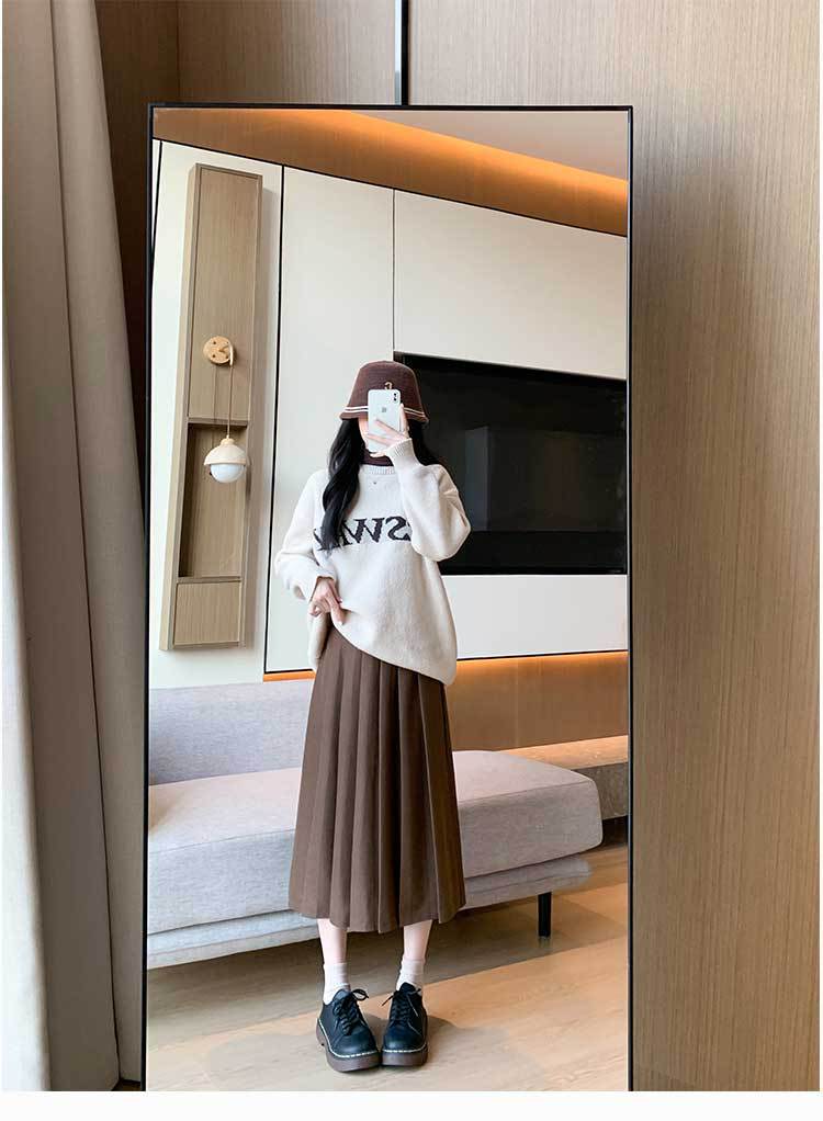 2023 outono/inverno nova saia plissada espessada com elástico e cintura alta emagrecimento e ajuste solto temperamento saia de comprimento médio_voghion.com