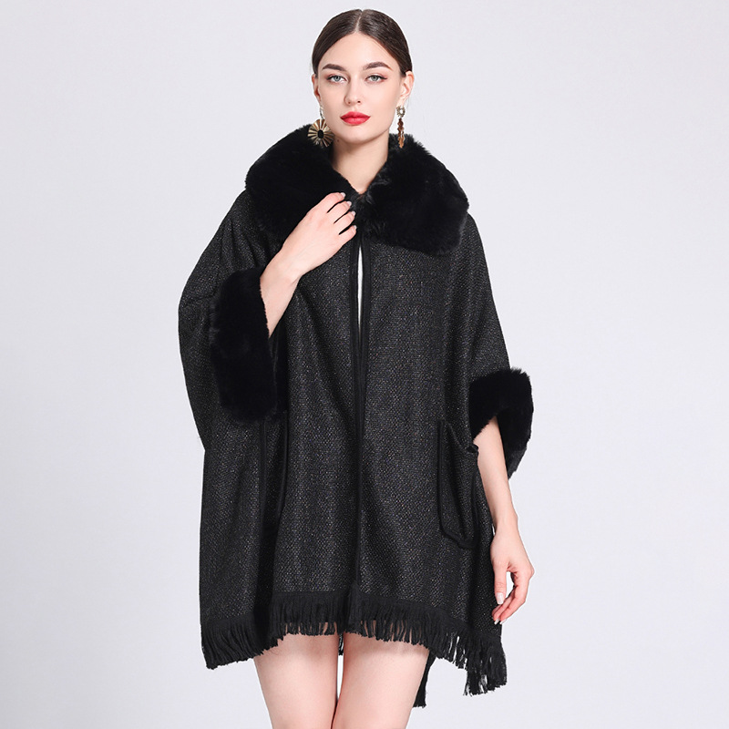 Extra Fleece, extra dicker Umhang mit Pelzkragen, lockerer großer Strickjackenmantel für Damen_voghion.com