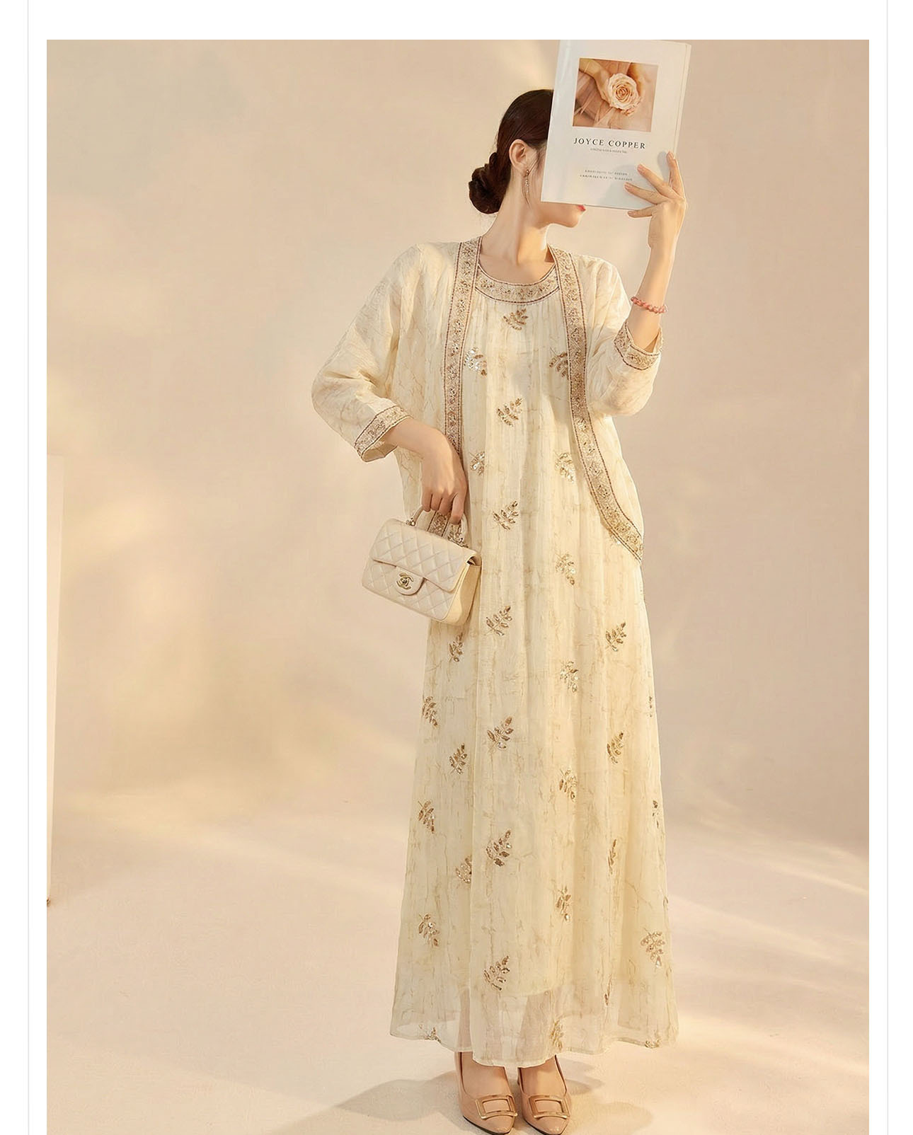 Bộ cardigan thêu đính cườm và đầm phong cách nữ tính — bộ đồ, Trang phục, Áo khoác chi tiết 13