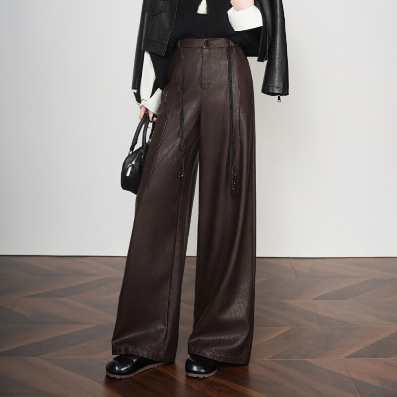 Black Leather Pants for Women 2025 Autumn and Winter New High-Waisted Loose Straight Slim Wide-Leg Pants with Draped Sheepskin Long Pants Black Leather Pants for Women 2025 Autumn and Winter New High-Waisted Loose Straight Slim Wide-Leg Pants with Draped Sheepskin Long Pants