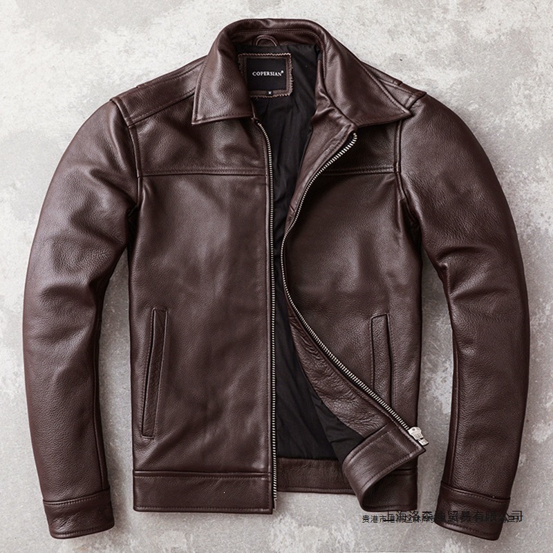 New cross-border men's genuine leather jacket made of top-layer cowhide, slim-fit, casual dark brown business men's wear with a turn-down collar, large size