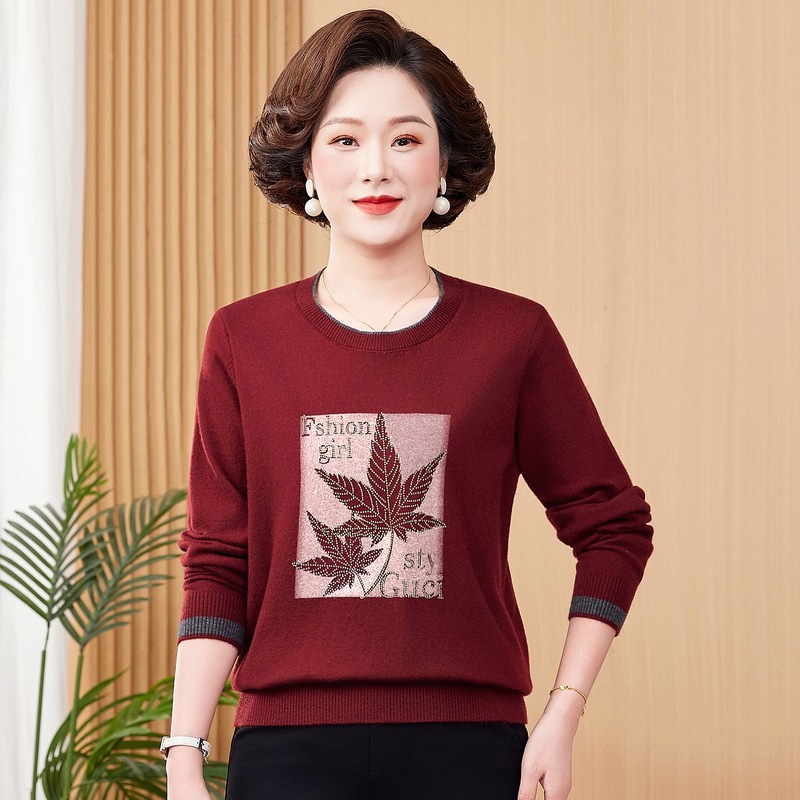 2025年中年装女针织衫秋季时尚妈妈装圆领套头中老年长袖线衫女装|undefined