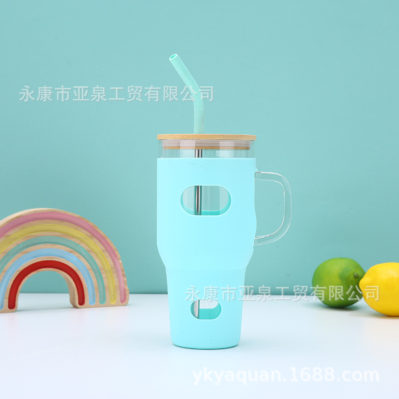 32oz vasos de vidrio transfronterizos con mango de gran capacidad portátil al aire libre cubierta de bambú cubierta de hielo con cubierta de automóvil al por mayor