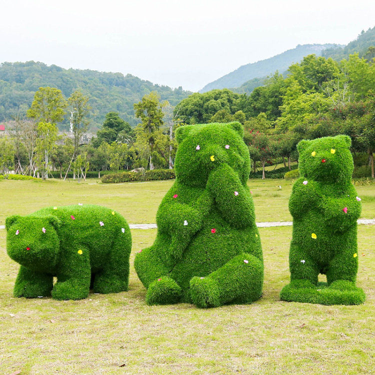仿真绿植草皮动物摆件卡通植绒熊猫玻璃钢园林景观装饰幼儿园雕塑
