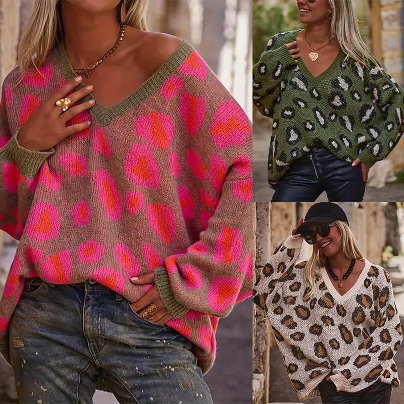 2025 Amazon Women's Spring and Autumn New Loose Pullover Coffee-Colored Leopard Print Color-Blocking Pattern Knit Sweater Women's Clothing 2025 Amazon Women's Spring and Autumn New Loose Pullover Coffee-Colored Leopard Print Color-Blocking Pattern Knit Sweater Women's Clothing