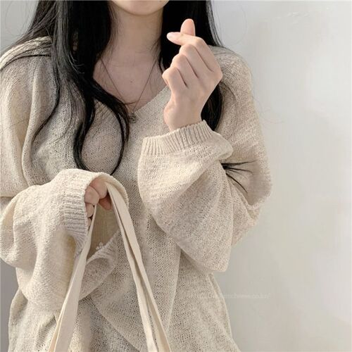 Gentle Wind Korean Style Casual Long-Sleeve T-Shirt Women Summer Thin Knit Sun Protection Cover-up Soft Milky Blue Top