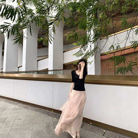 famouswang夏季新款柔雾感欧根纱大裙摆垂感A字半身裙女百搭长裙