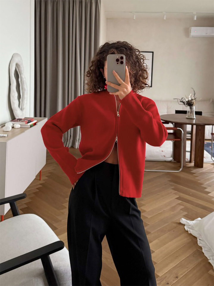 Áo khoác cardigan len dệt kim cổ đứng khóa kéo hai chiều dài tay — Màu nâu cà phê, Màu trắng, màu đen, màu đỏ chi tiết 17