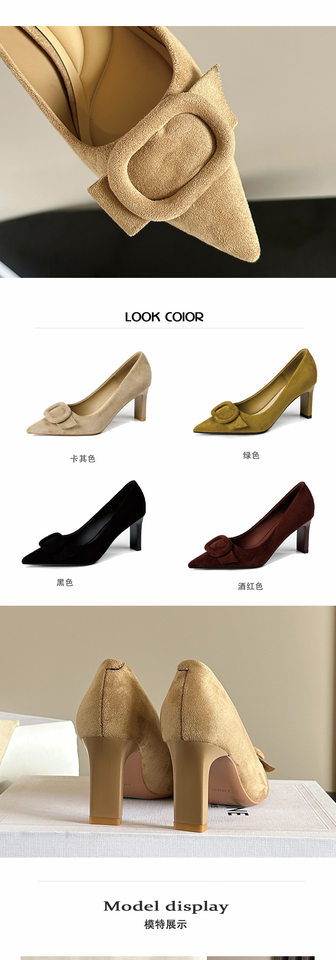 Giày cao gót mũi nhọn gót vuông da lộn, nơ 3D khóa vuông, gót 6–8 cm — Màu kaki, Màu đỏ rượu, Xanh lá cây, màu đen chi tiết 5