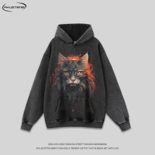 欧美街头vintage火焰猫头印花水洗做旧连帽卫衣复古宽松长袖帽衫