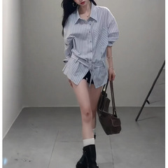 设计蓝色衬衫女秋季外套法式上衣高质感du特别致长袖宽松条纹衬衣