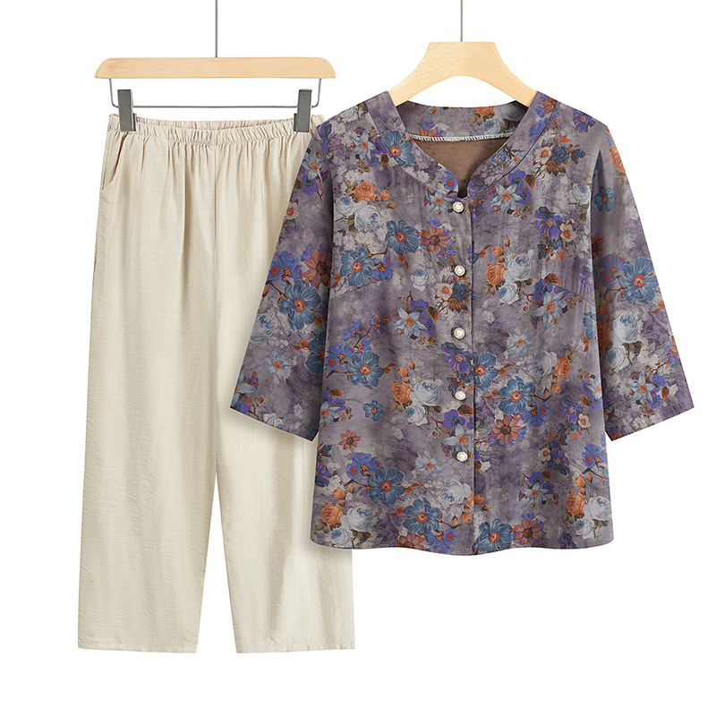 Grandma Summer suit Middle-aged and Elderly Women's Mother Printed Two-piece Set 60-year-old 70-woman Loose Casual Top