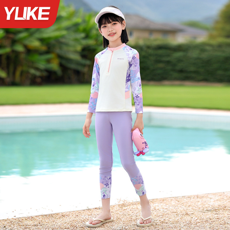 子供水着女の子スプリット長袖ズボン日焼け止め水着 2025 新しい中型および大型子供女の子温泉水着|undefined