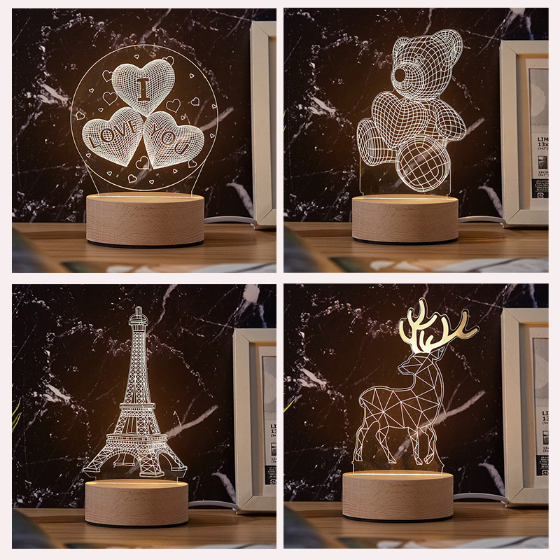 榉木底座3d小夜灯公司logo雕刻活动礼品usb台灯创意led卧室床头灯
