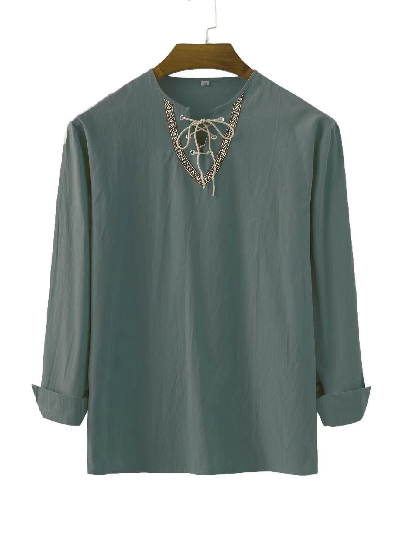 2023 primavera y otoño transfronterizo nuevos hombres europeos y americanos sueltos color sólido cordón camisa de manga larga algodón y lino soporte collar camisa de los hombres