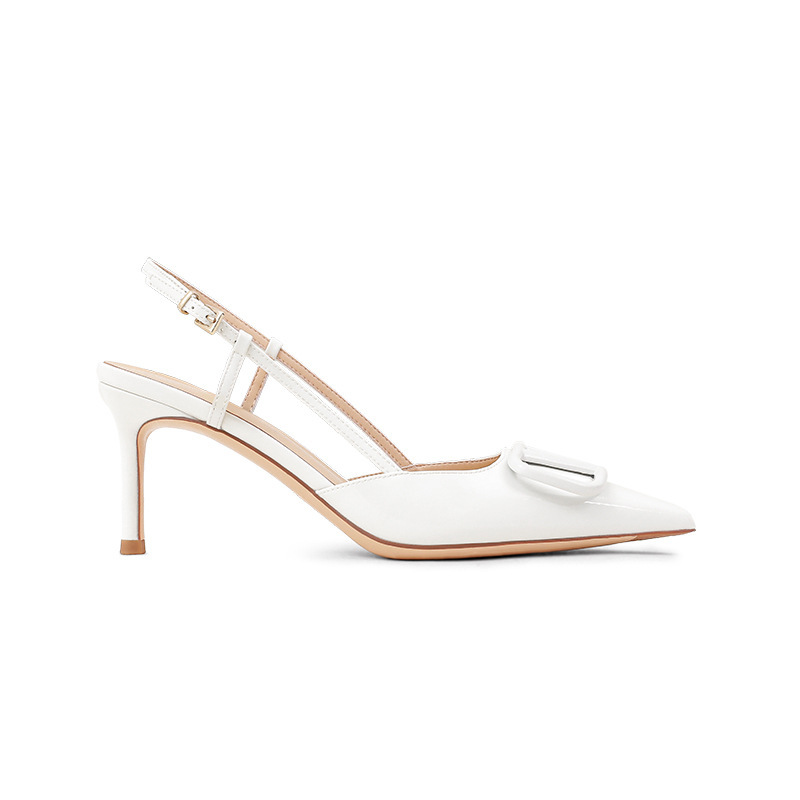 Versión de piel de vaca ~ Versión de piel de oveja, sandalias de puntera vacía trasera, hebilla en V puntiaguda para mujer, cuero 2024, nuevos tacones de aguja de verano