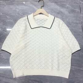 （源头工厂现货）乳白色棉纱中袖套头撞色翻领镂空针织衫短袖女