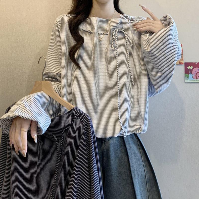 大码女装漂亮小上衣超胖MM条纹长袖衬衫女早夏2025新款米白色|undefined
