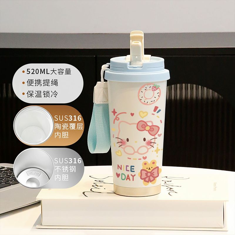 新款童趣咖啡杯316不锈钢保温杯卡通带吸管杯子双饮高颜值喝水杯|undefined