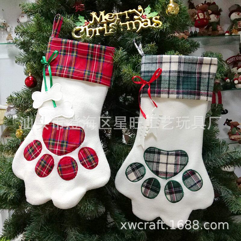 アマゾンクリスマス装飾用品クリスマス靴下プレゼント袋犬爪クリスマス靴下格子縞布骨靴下|undefined