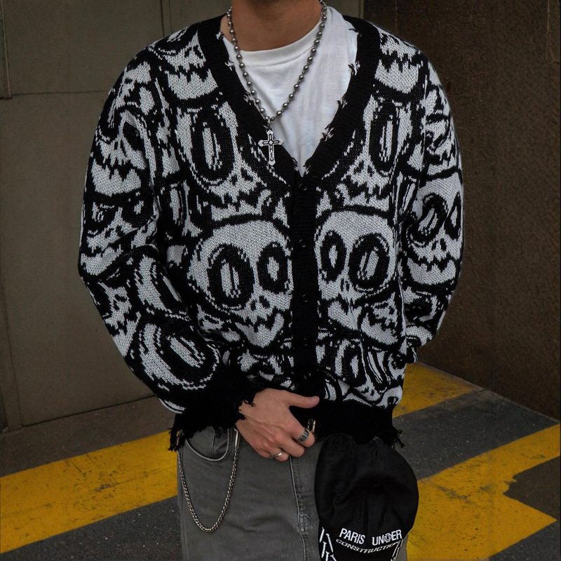 Andrei | Original American-Style All-Over Skull Print Knit Cardigan Sweater, Loose Fit, Distressed Fringed Knit Jacket for Men.