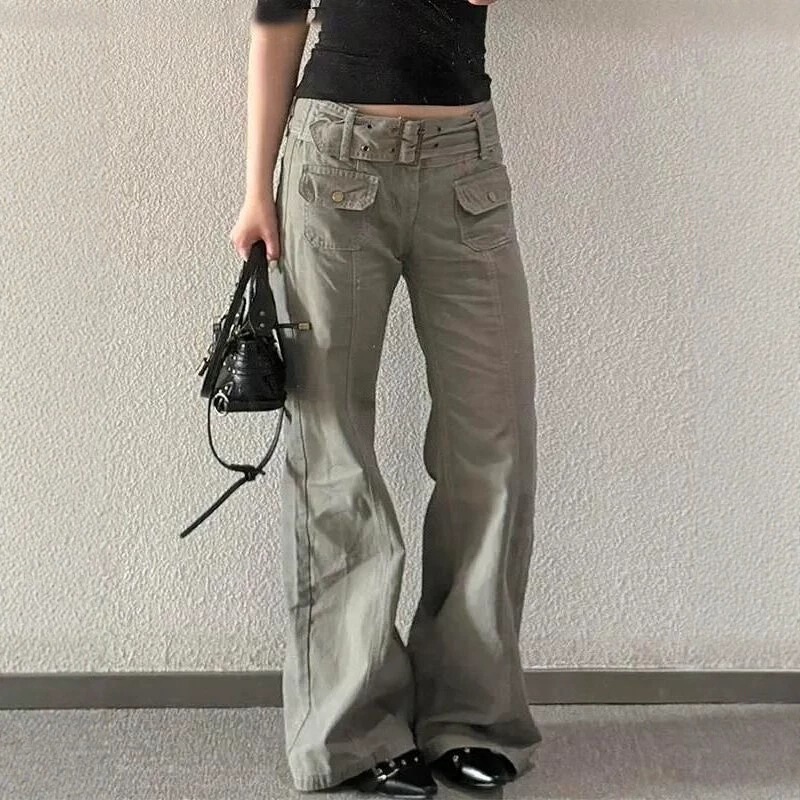 【Han Niu】Gray multi-pocket workwear jeans for women, drapey casual straight-leg pants, slimming and versatile wide-leg pants