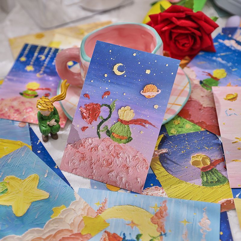 30 ローズ星の王子さまオイルパステルポストカードレトロ立体ロマンチックな惑星バレンタインデーメッセージグリーティングカード|undefined